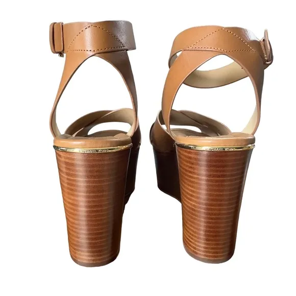 Michael Michael Kors Abbott Mid Platform Wedge Leather Sandals In Acorn …