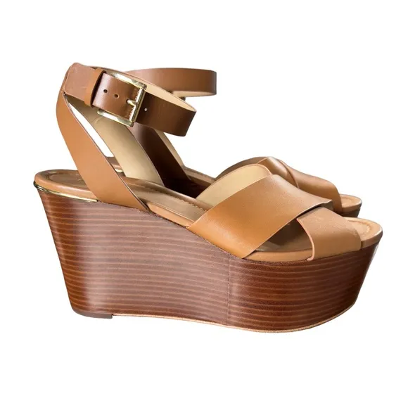 Michael Michael Kors Abbott Mid Platform Wedge Leather Sandals In Acorn …