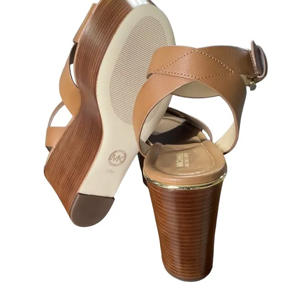 Michael Michael Kors Abbott Mid Platform Wedge Leather Sandals In Acorn …