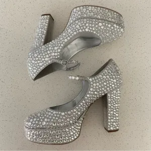 MICHAEL Michael Kors Fallon Mary Jane Silver Rhinestone Platform Heels Size 7.5