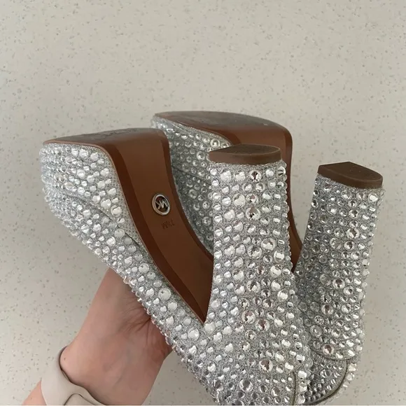 MICHAEL Michael Kors Fallon Mary Jane Silver Rhinestone Platform Heels Size 7.5