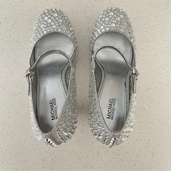 MICHAEL Michael Kors Fallon Mary Jane Silver Rhinestone Platform Heels Size 7.5