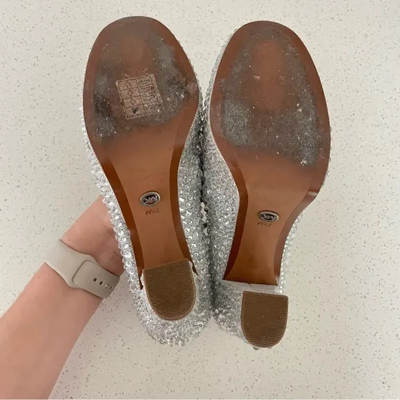 MICHAEL Michael Kors Fallon Mary Jane Silver Rhinestone Platform Heels Size 7.5