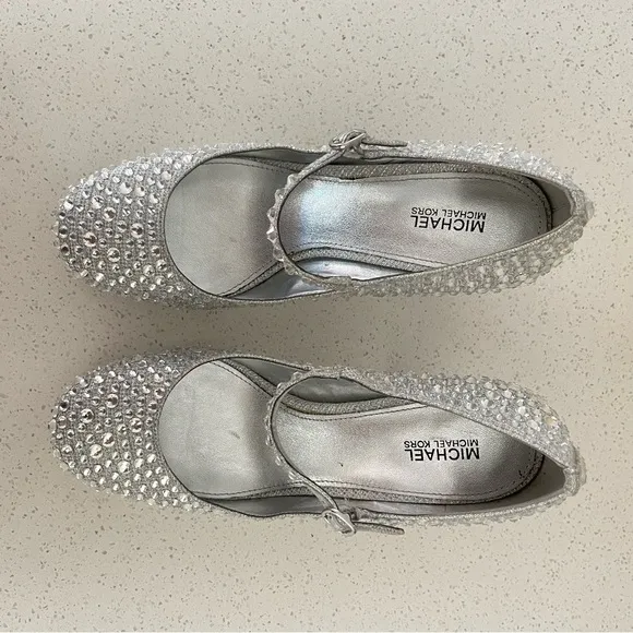 MICHAEL Michael Kors Fallon Mary Jane Silver Rhinestone Platform Heels Size 7.5