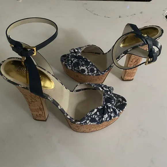 MICHAEL Michael Kors Logo Charm Blue Canvas Cork Platform Heels 10M