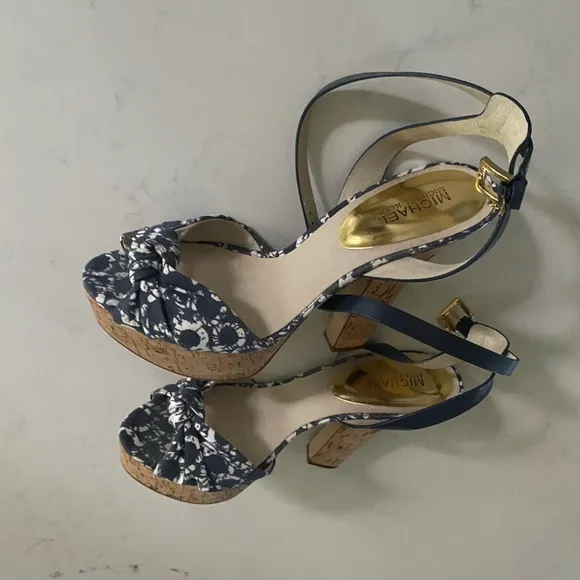 MICHAEL Michael Kors Logo Charm Blue Canvas Cork Platform Heels 10M