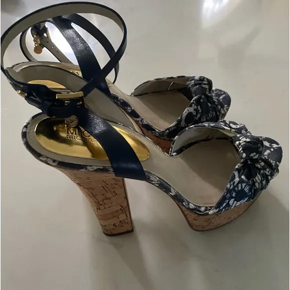 MICHAEL Michael Kors Logo Charm Blue Canvas Cork Platform Heels 10M