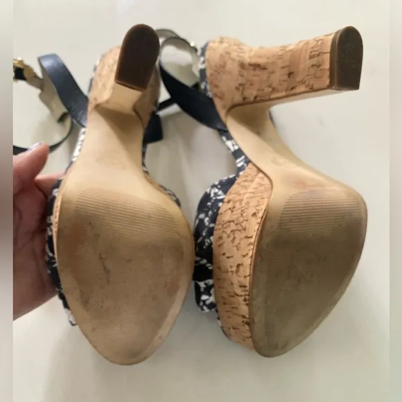 MICHAEL Michael Kors Logo Charm Blue Canvas Cork Platform Heels 10M