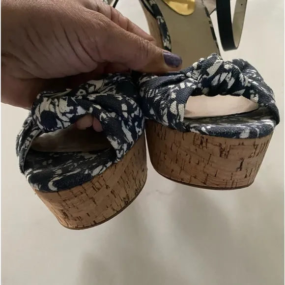 MICHAEL Michael Kors Logo Charm Blue Canvas Cork Platform Heels 10M