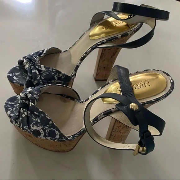 MICHAEL Michael Kors Logo Charm Blue Canvas Cork Platform Heels 10M