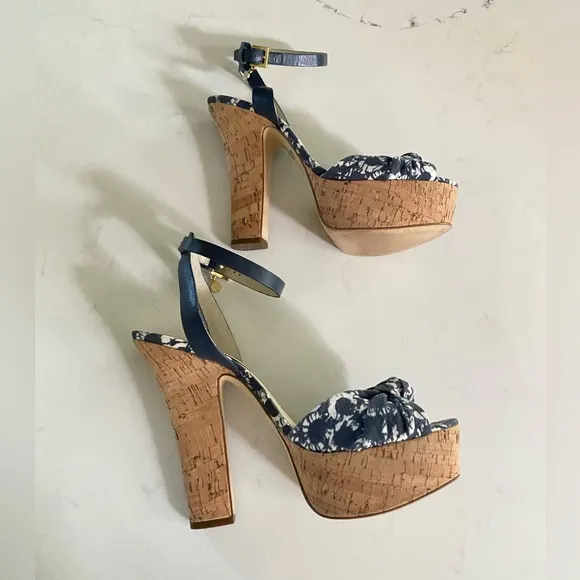MICHAEL Michael Kors Logo Charm Blue Canvas Cork Platform Heels 10M