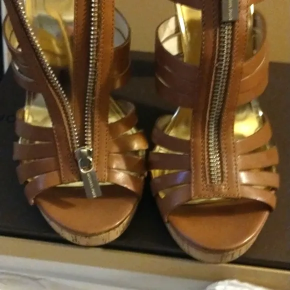 MICHAEL Michael Kors T-Strap Leather Ankle Booties Platform Cork Platlform Heels