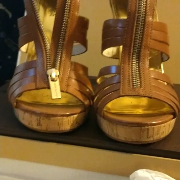 MICHAEL Michael Kors T-Strap Leather Ankle Booties Platform Cork Platlform Heels