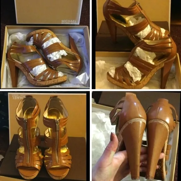 MICHAEL Michael Kors T-Strap Leather Ankle Booties Platform Cork Platlform Heels