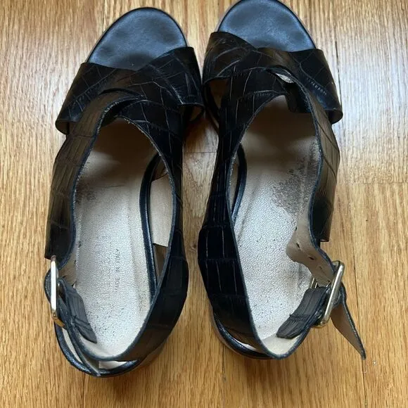 Minelli Block Heel Sandals Size 36 Black Crocodile Leather Cross Strap Peep Toe