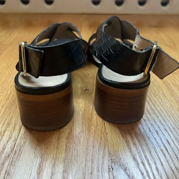 Minelli Block Heel Sandals Size 36 Black Crocodile Leather Cross Strap Peep Toe