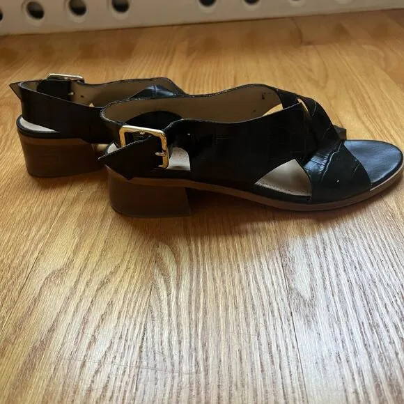 Minelli Block Heel Sandals Size 36 Black Crocodile Leather Cross Strap Peep Toe