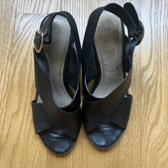 Minelli Casimiera Black Leather Crossed Strap Leather Sandals EU 36 Peep Toe