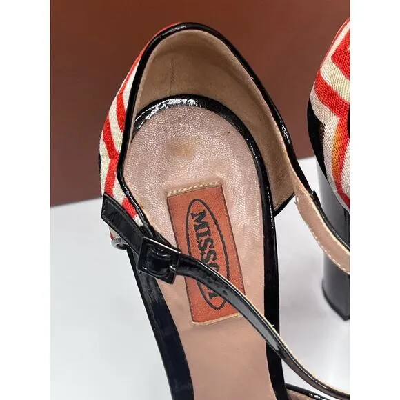 Missoni Tessuto Zigzag Print Fabric Leather Platform Strap 5” Heels Shoes 7.5/38