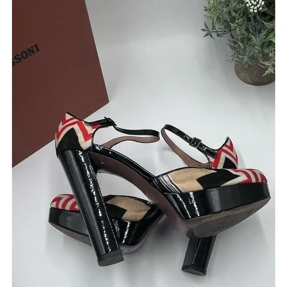 Missoni Tessuto Zigzag Print Fabric Leather Platform Strap 5” Heels Shoes 7.5/38