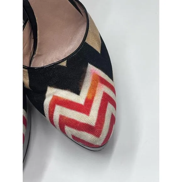 Missoni Tessuto Zigzag Print Fabric Leather Platform Strap 5” Heels Shoes 7.5/38
