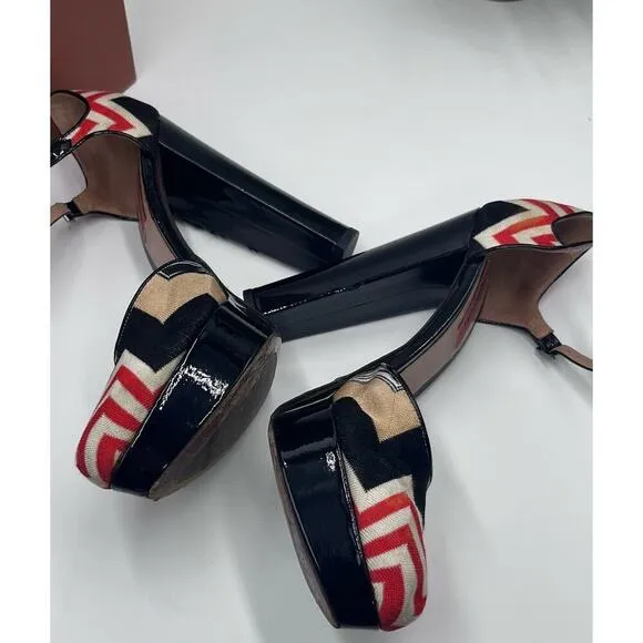 Missoni Tessuto Zigzag Print Fabric Leather Platform Strap 5” Heels Shoes 7.5/38