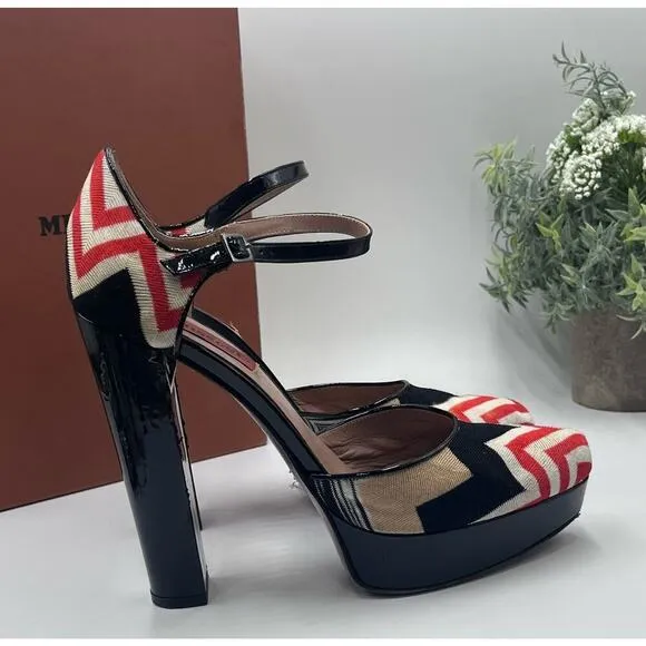 Missoni Tessuto Zigzag Print Fabric Leather Platform Strap 5” Heels Shoes 7.5/38