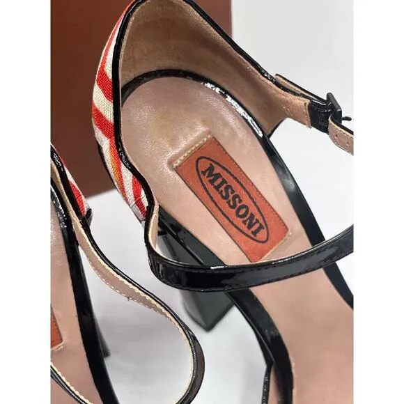 Missoni Tessuto Zigzag Print Fabric Leather Platform Strap 5” Heels Shoes 7.5/38