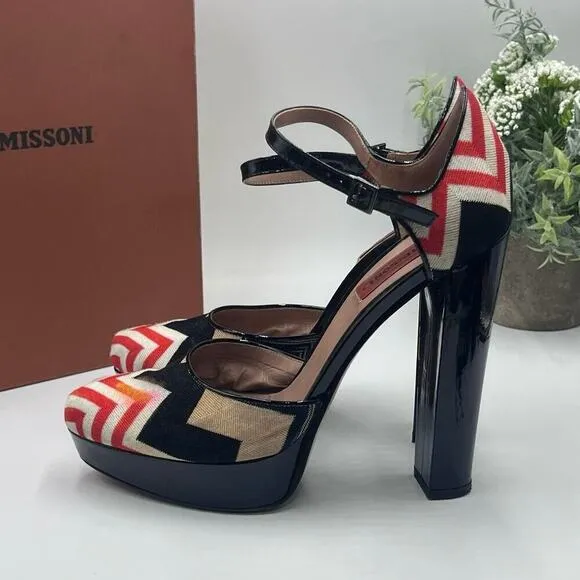 Missoni Tessuto Zigzag Print Fabric Leather Platform Strap 5” Heels Shoes 7.5/38