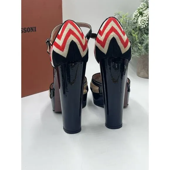 Missoni Tessuto Zigzag Print Fabric Leather Platform Strap 5” Heels Shoes 7.5/38