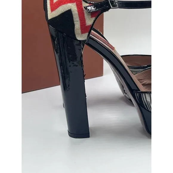 Missoni Tessuto Zigzag Print Fabric Leather Platform Strap 5” Heels Shoes 7.5/38