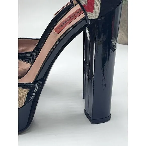 Missoni Tessuto Zigzag Print Fabric Leather Platform Strap 5” Heels Shoes 7.5/38