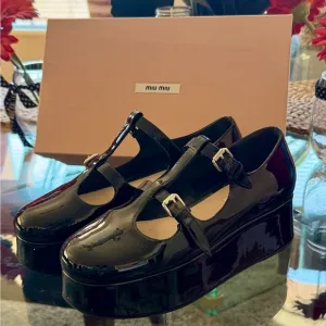 Miu Miu Black Platform Mary Jane Shoes with Double Buckle Straps 40 VGC