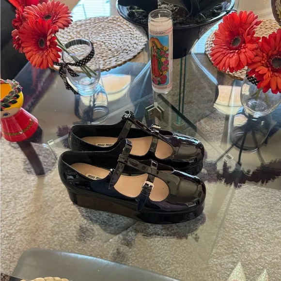 Miu Miu Black Platform Mary Jane Shoes with Double Buckle Straps 40 VGC