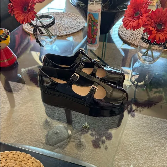 Miu Miu Black Platform Mary Jane Shoes with Double Buckle Straps 40 VGC