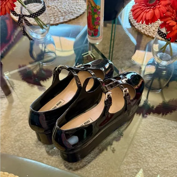 Miu Miu Black Platform Mary Jane Shoes with Double Buckle Straps 40 VGC