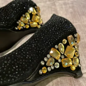 MIU MIU Black Studded &amp; Gold Chunky Stone Wedge Heel Shoes Size 38 Vintage