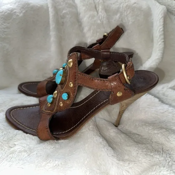 MIU MIU Brown Leather Faux Turquoise High Heel Sandals 38.5 Italy Metal 8 Pump