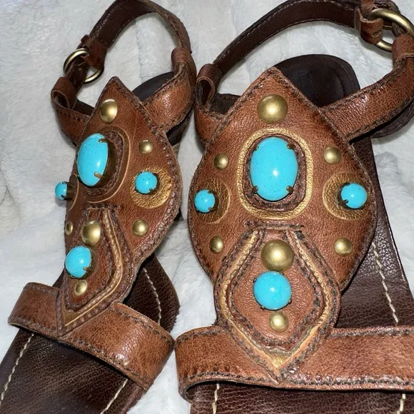 MIU MIU Brown Leather Faux Turquoise High Heel Sandals 38.5 Italy Metal 8 Pump