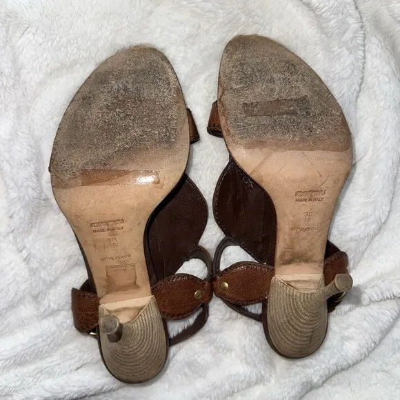 MIU MIU Brown Leather Faux Turquoise High Heel Sandals 38.5 Italy Metal 8 Pump