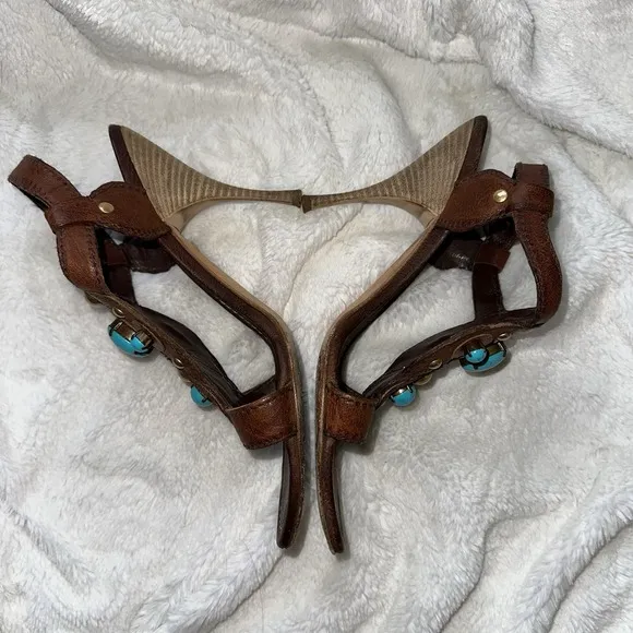 MIU MIU Brown Leather Faux Turquoise High Heel Sandals 38.5 Italy Metal 8 Pump