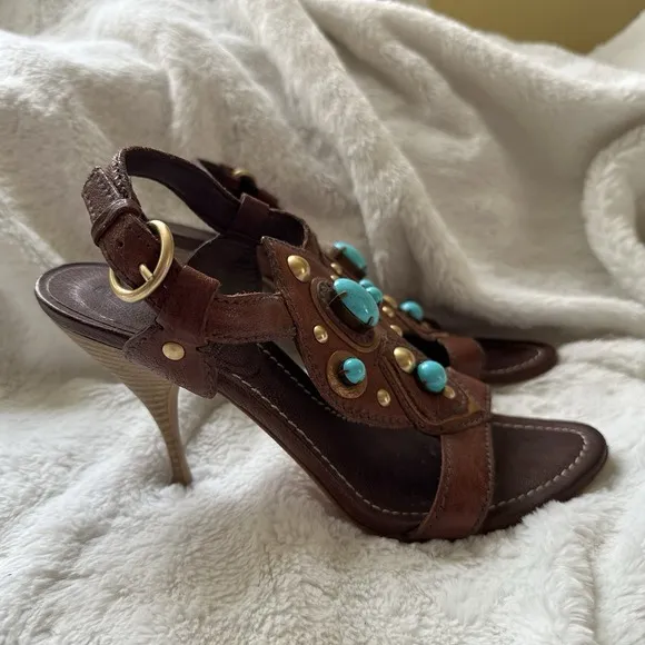 MIU MIU Brown Leather Faux Turquoise High Heel Sandals 38.5 Italy Metal 8 Pump