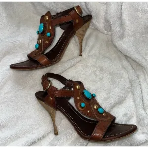 MIU MIU Brown Leather Faux Turquoise High Heel Sandals 38.5 Italy Metal 8 Pump