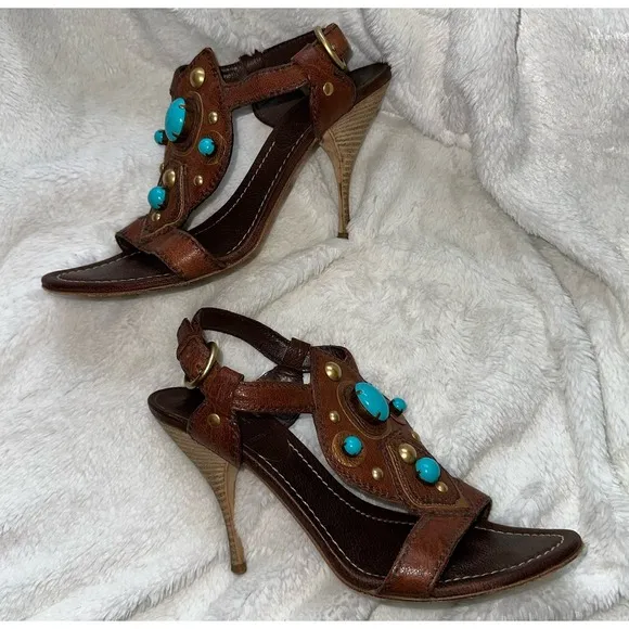 MIU MIU Brown Leather Faux Turquoise High Heel Sandals 38.5 Italy Metal 8 Pump