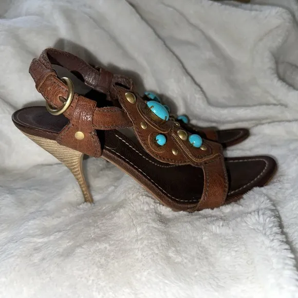 MIU MIU Brown Leather Faux Turquoise High Heel Sandals 38.5 Italy Metal 8 Pump