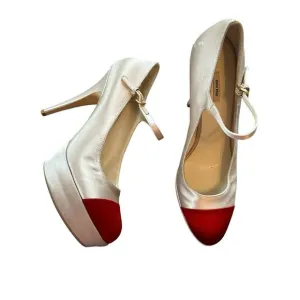 MIU MIU BY PRADA PLATFORM MARY JANE SHOES Cap Toe Satin 38.5 7.5