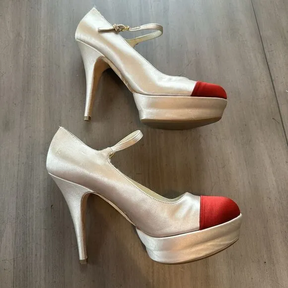 MIU MIU BY PRADA PLATFORM MARY JANE SHOES Cap Toe Satin 38.5 7.5
