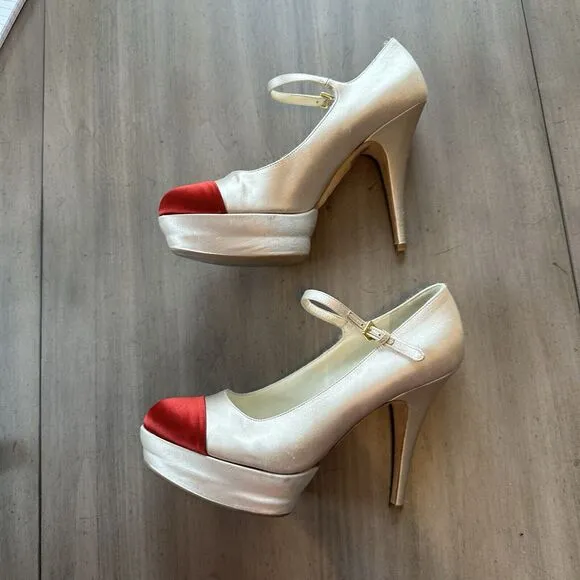 MIU MIU BY PRADA PLATFORM MARY JANE SHOES Cap Toe Satin 38.5 7.5