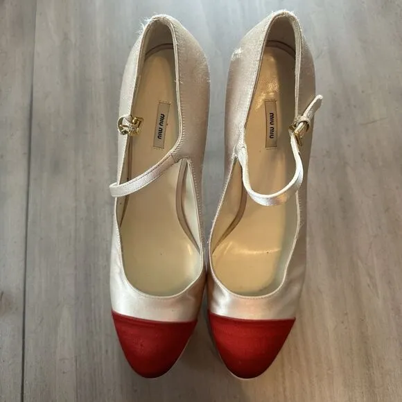 MIU MIU BY PRADA PLATFORM MARY JANE SHOES Cap Toe Satin 38.5 7.5