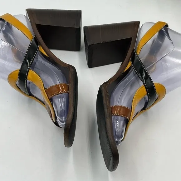 MIU MIU Fall Winter 1996 Patent Leather Ankle Strap Sq Toe Wood Sandal Sz 38.5/8
